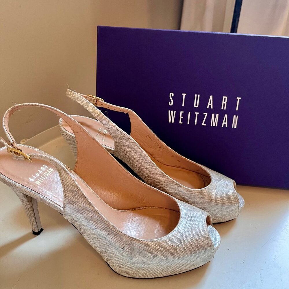 Stuart Weitzman Inslinsky Linen Slingback Platform Heels – Size 9